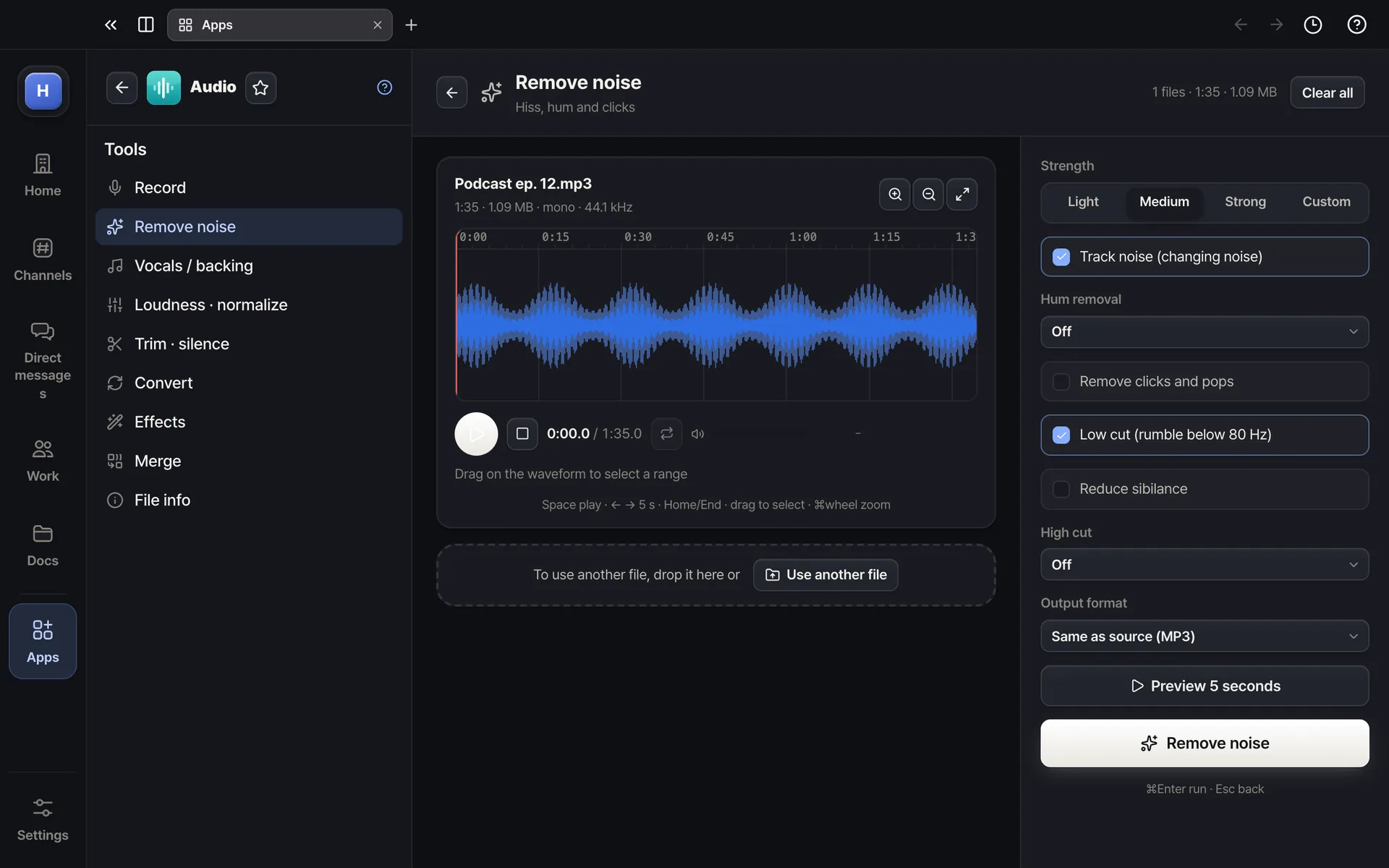 Audio — Watch the waveform while removing noise, hum and clicks