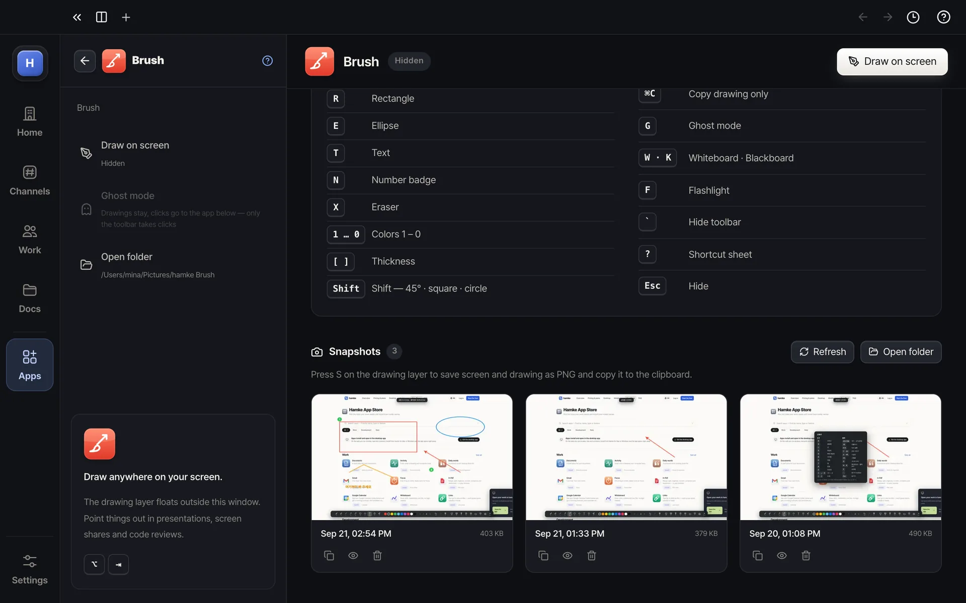 Brush — Snapshots keep screen + drawing as PNG — copy and tidy them in the gallery