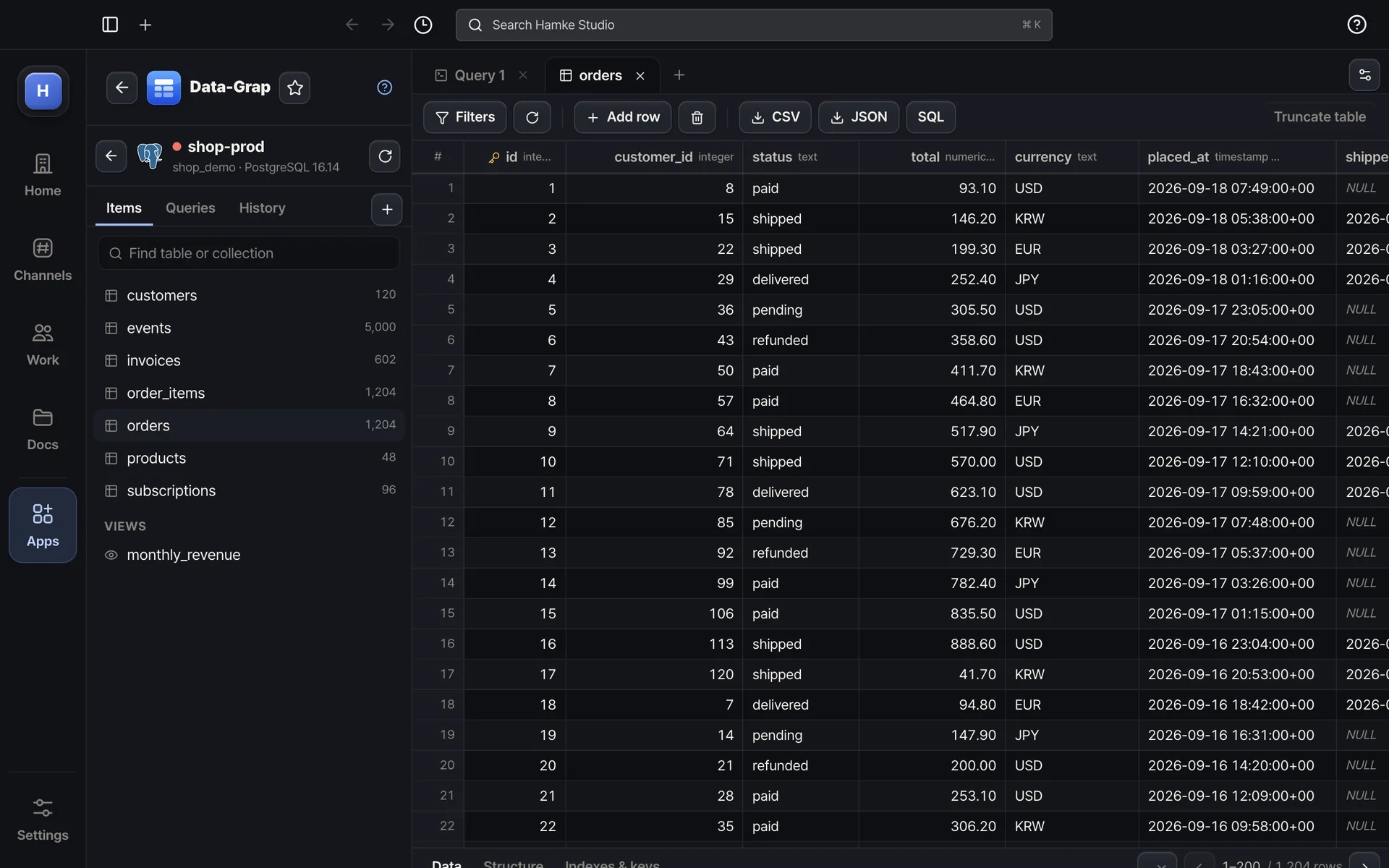 Data-Grap — Open a table, filter, sort and edit cells in place