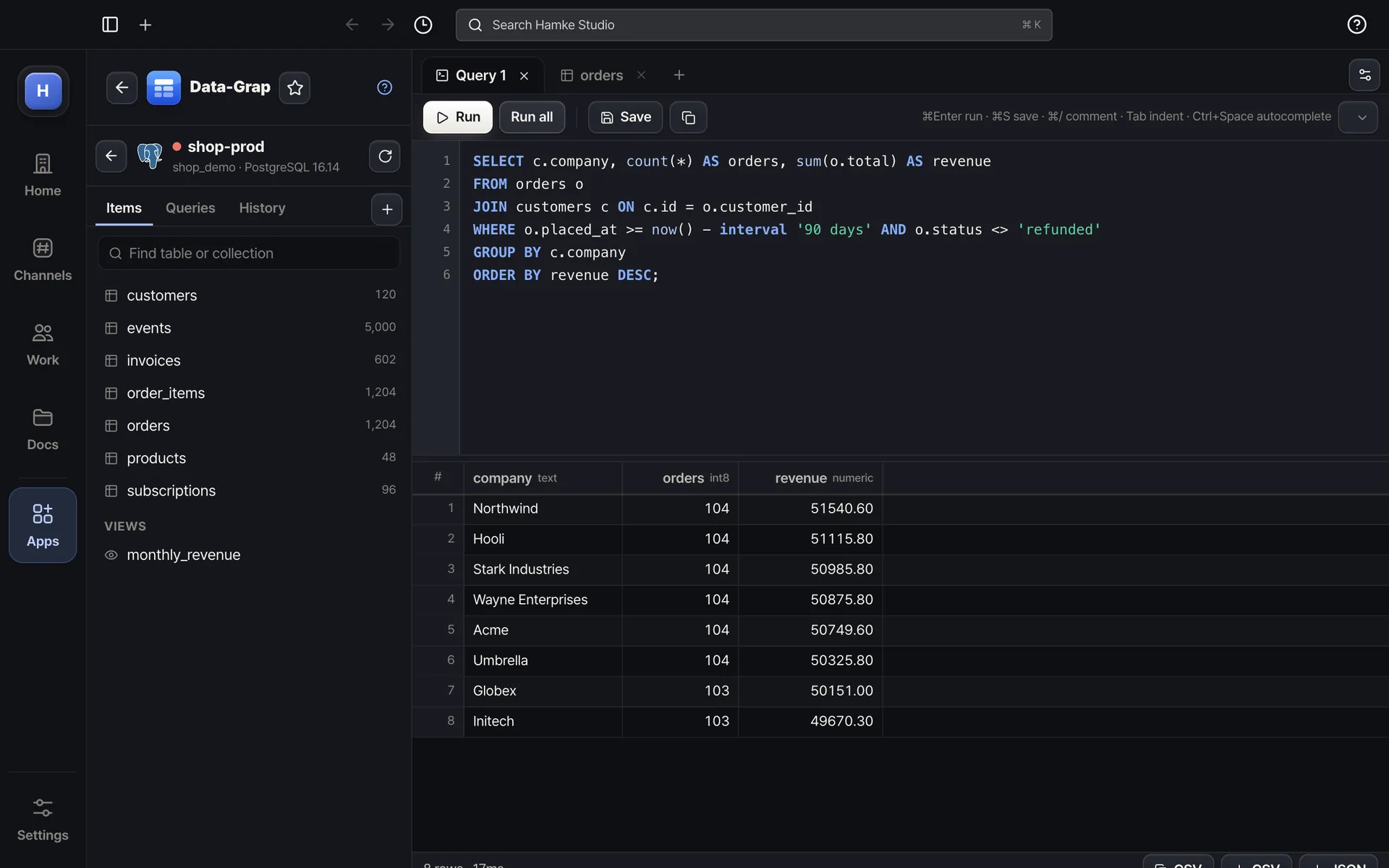 Data-Grap — SQL editor — autocomplete, run, export results to CSV or JSON