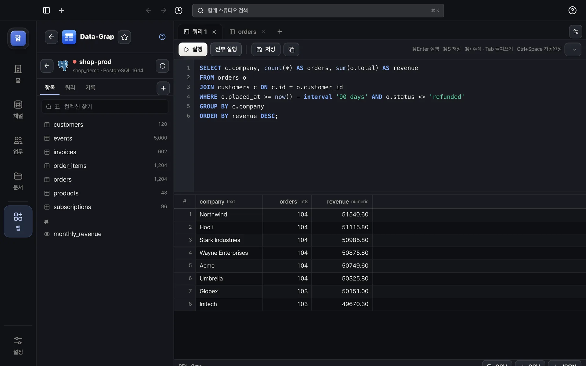 Data-Grap — SQL 편집기 — 자동완성 · 실행 · 결과를 CSV · JSON 으로