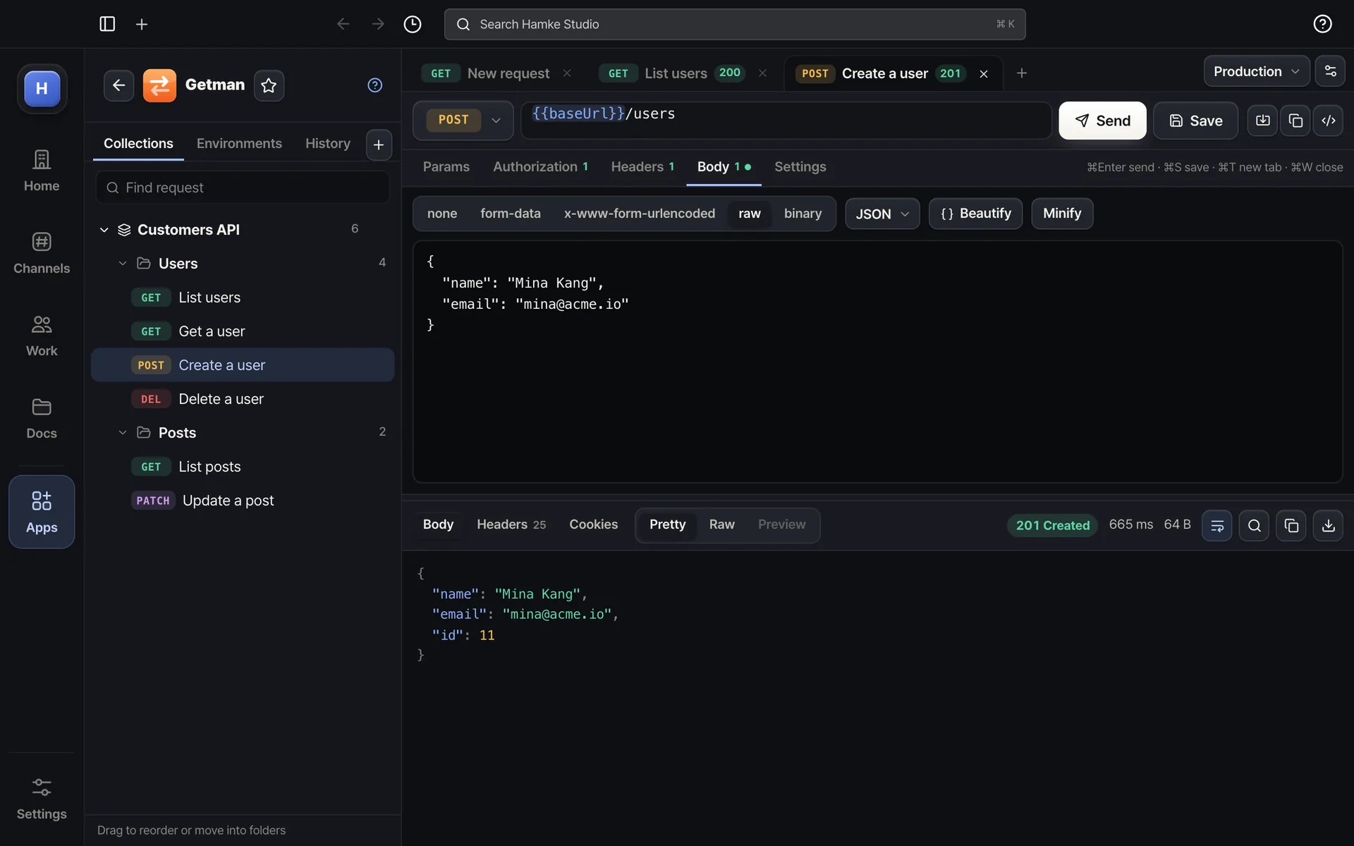 Getman — POST a JSON body — status, time and size on one line