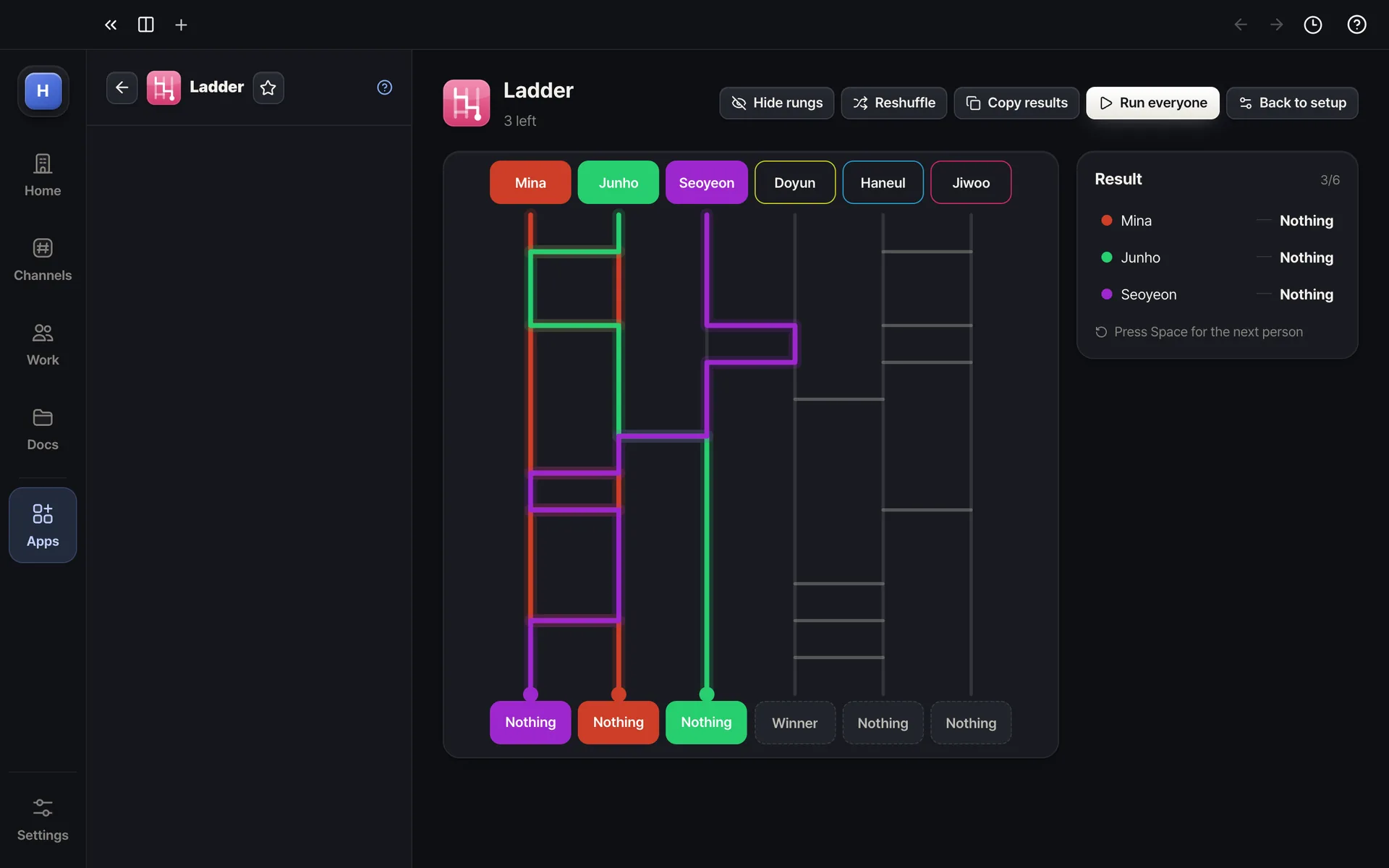 Ladder — Click a name — its path draws in color and the result opens