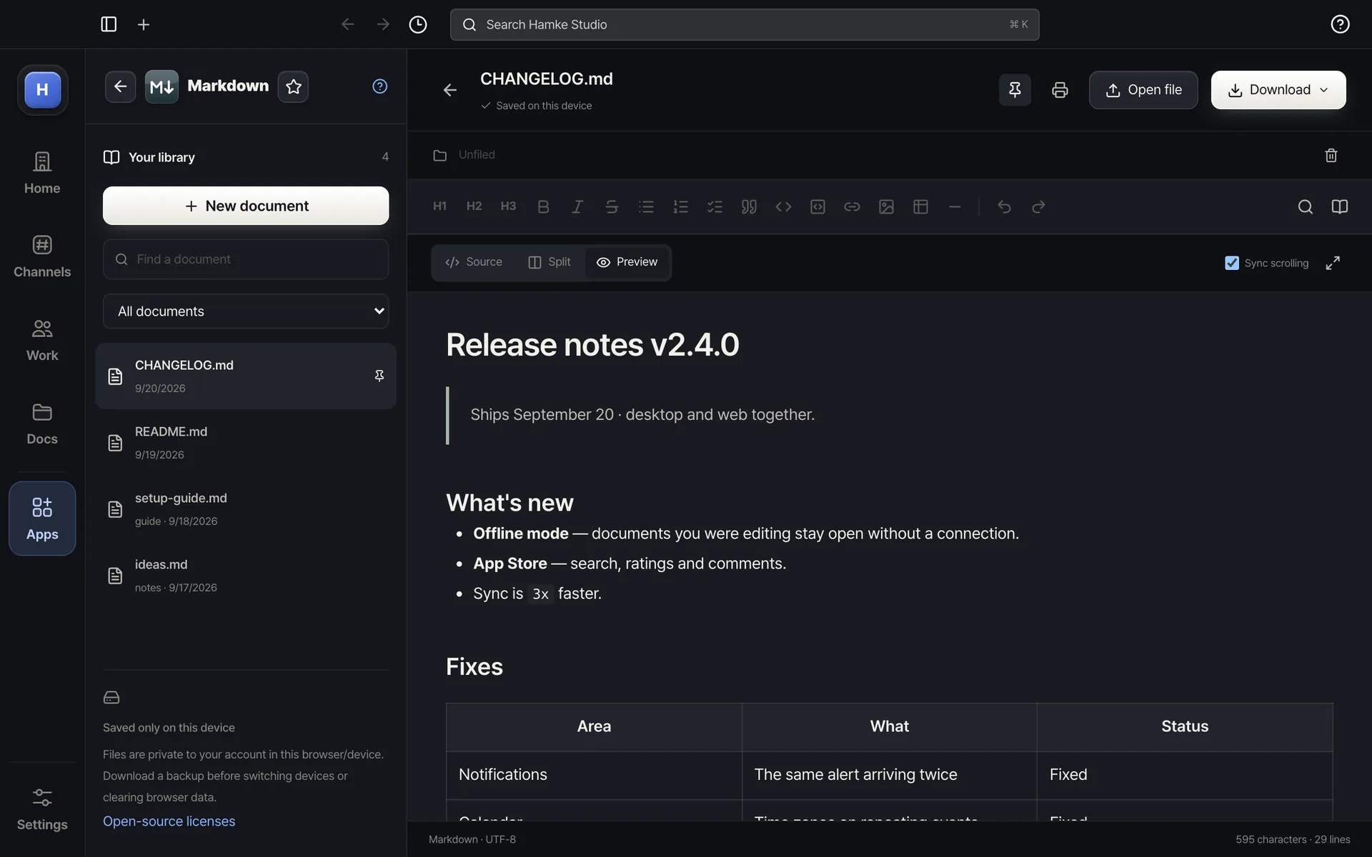 Markdown — A clean preview with tables, checklists and code blocks