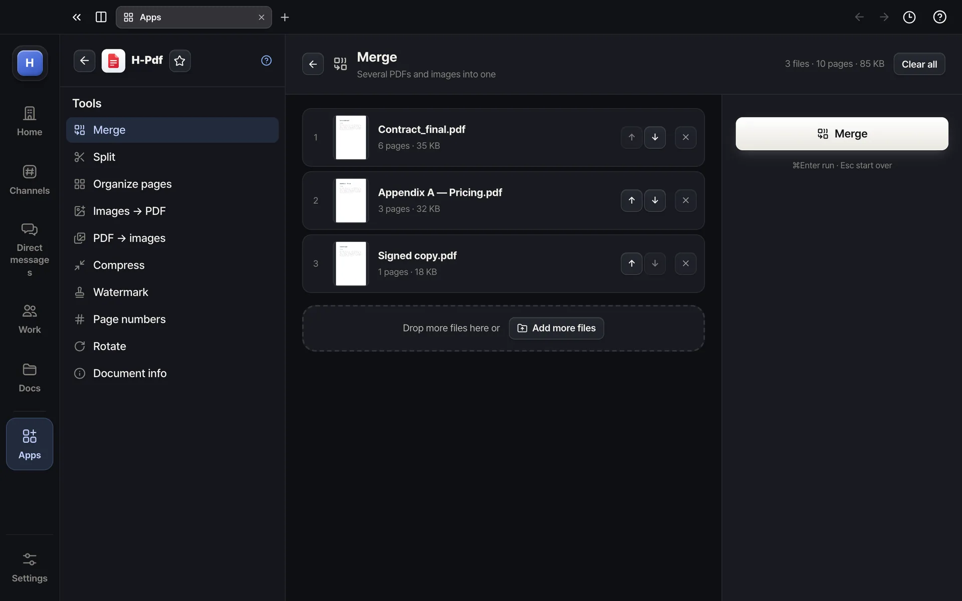 H-Pdf — Drag to reorder and merge — everything stays on your computer