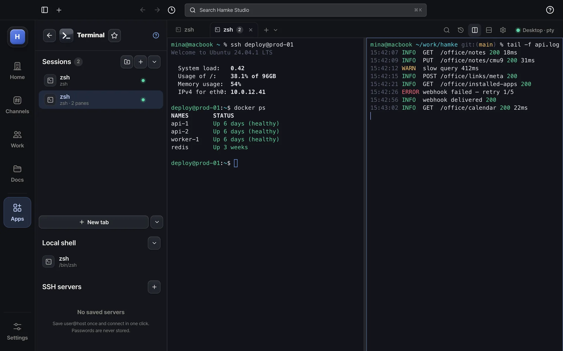 Terminal — Split panes to watch a server and its logs side by side
