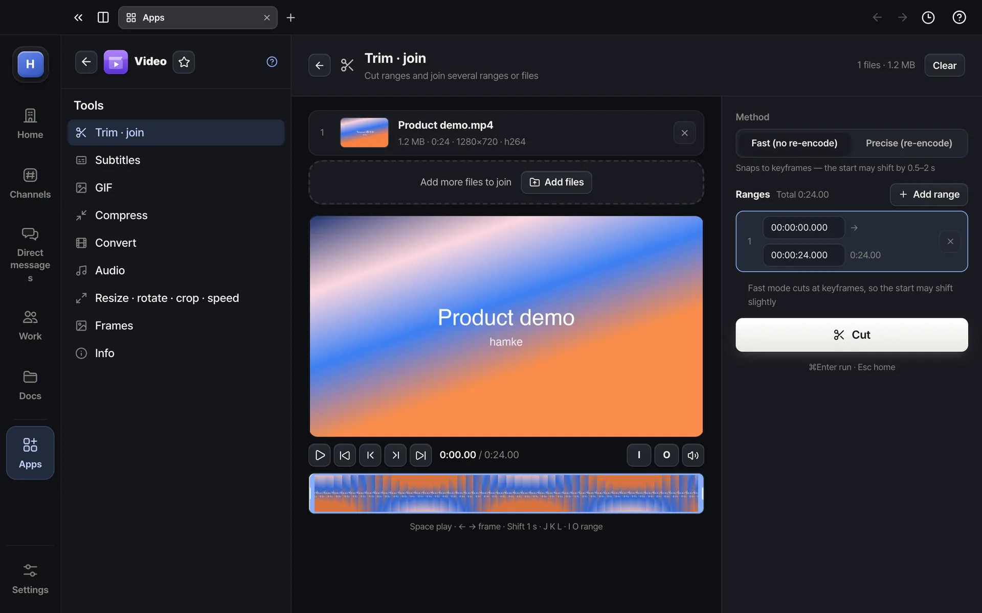Video — Pick a range and cut — your video never leaves your computer